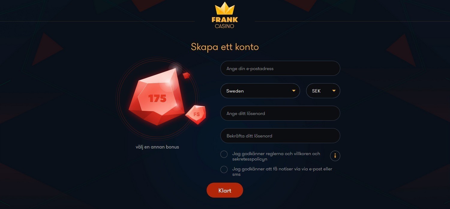 Registrering på Frank Casino Online